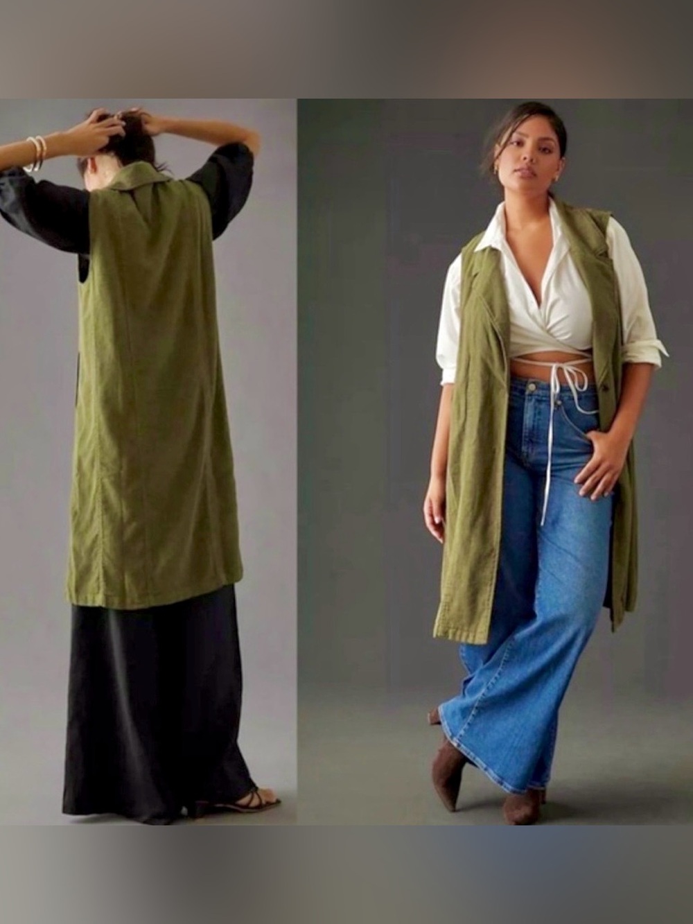 By Anthropologie Sleeveless Olive Green Long Vest duster pockets snap linen